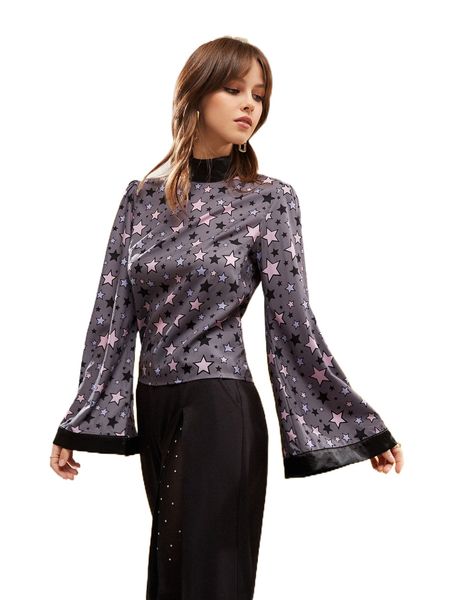 

x minow star print flounce sleeve blouse e7o3#, White