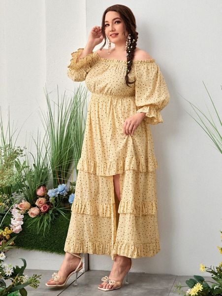 

plus polka dot off shoulder split hem dress 529u#, Black