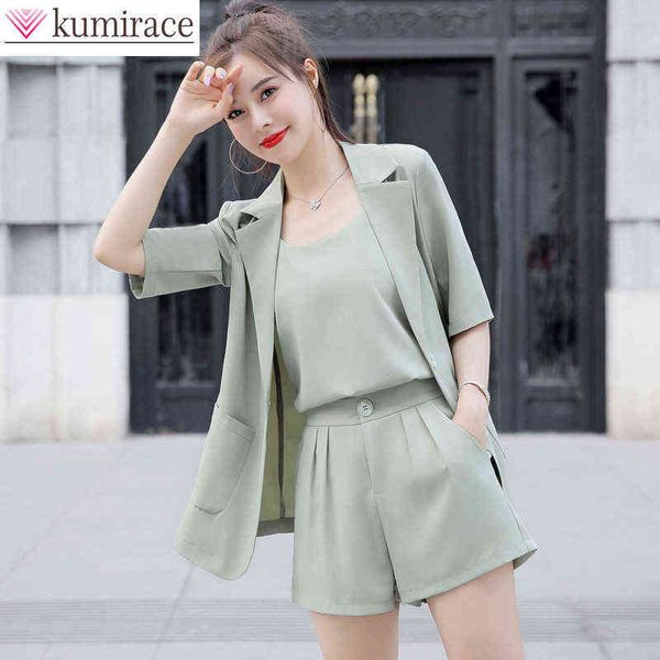 

korean version summer new chiffon suit shorts casual suits elegant women jacket pants vest cool temperament three piece set j220813, White;black