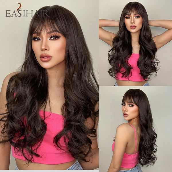 

lx brand long dark brown synthetic wigs for women natural hair wavy wigs with bangs daily cosplay heat resistant fiber wigsfactory direct, Black