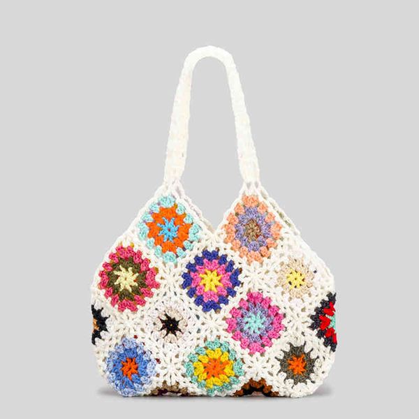 Bohemian Crochet Damen Umhängetaschen Blume Plaid Lady Handtaschen Handarbeit gewebt gestrickt Sommer Strandtasche Kleine Tote Bali Geldbörsen 220705