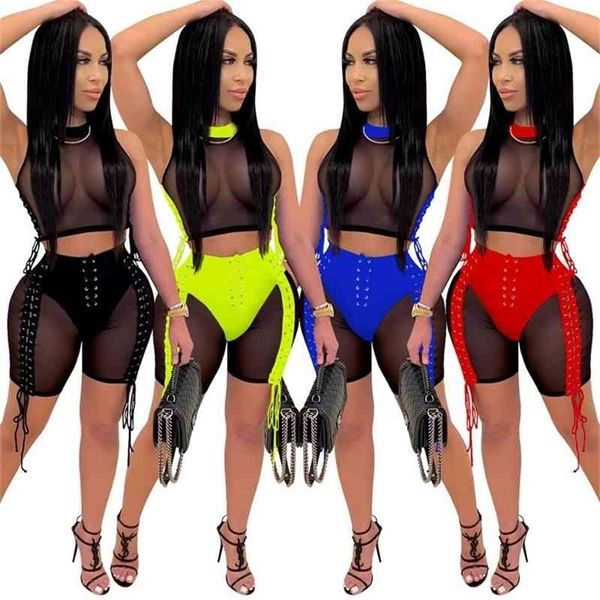 CMYAYA Women Lace Up Sexy Mesh See Through Patchwork Top Shorts Suit Club Party Night Tuta Due pezzi Set Fitness Abiti 210331