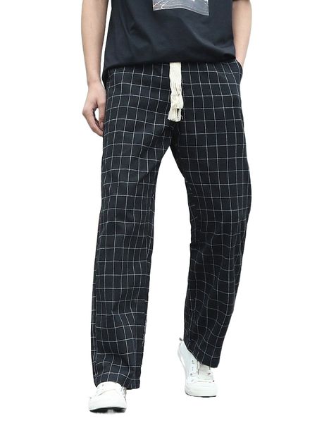 

men plaid print drawstring waist pants 13be#, Black