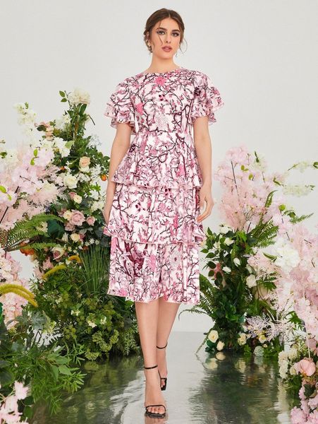

butterfly sleeve layered hem floral dress f4kd#, Black;gray