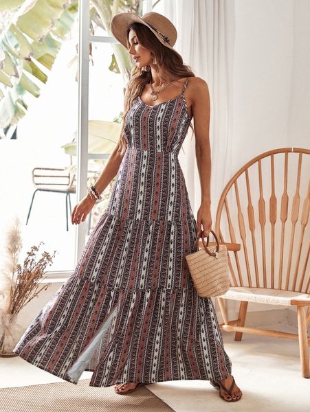 

random floral print split ruffle hem cami dress s90n#, Black;gray