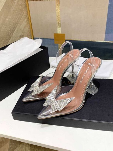 

[orignal box] brand name amina muaddi awge butterfly clasp sandal glass pvc crystal transparent slingback heel pumps 100mm shoes size 35-42, Black