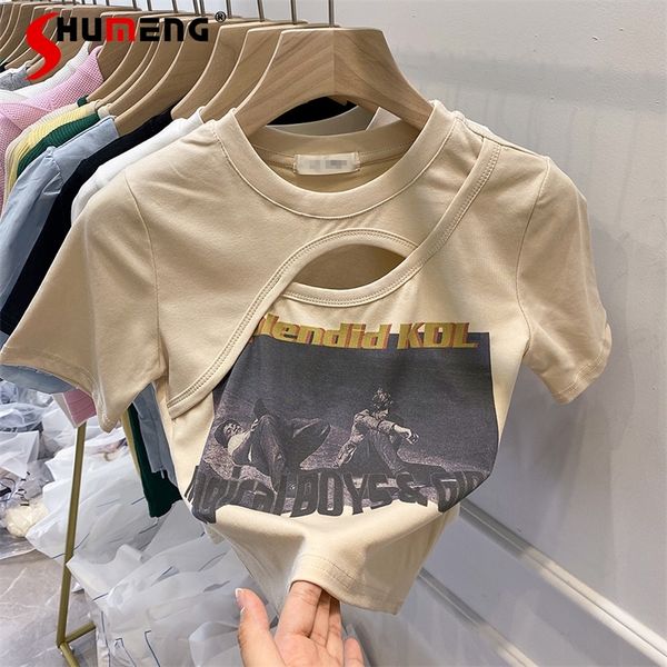 

summer hollow-out short-sleeved slim-fit short letter girl ins t-shirt for women crop 220427, White