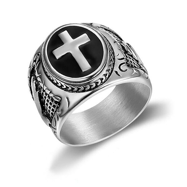 

stainless steel ring golden antique men's honor soldiers knights templar regalia sword shield cross rings hand god black glue ring jewe, Golden;silver