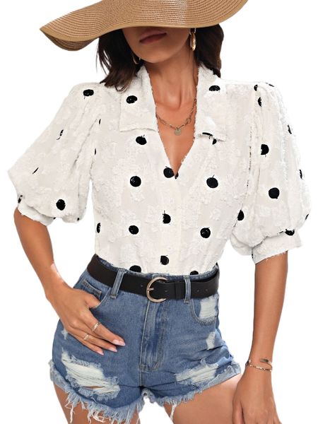 

polka dot puff sleeve fuzzy blouse f4pv#, White
