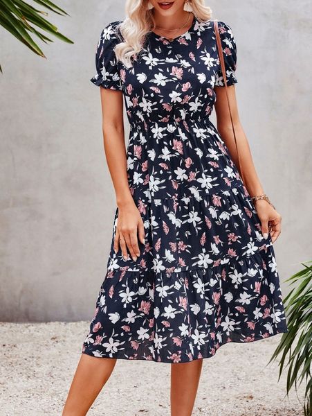 

allover floral print ruffle hem dress d4ll#, Black;gray