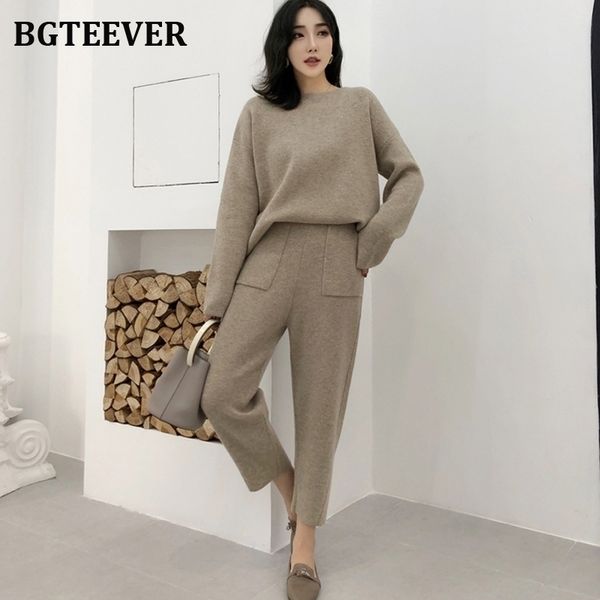 

casual sweater tracksuit oneck pullovers & high waist pant sweater sets knitted set autumn winter knitted 2 pieces set y200110, White