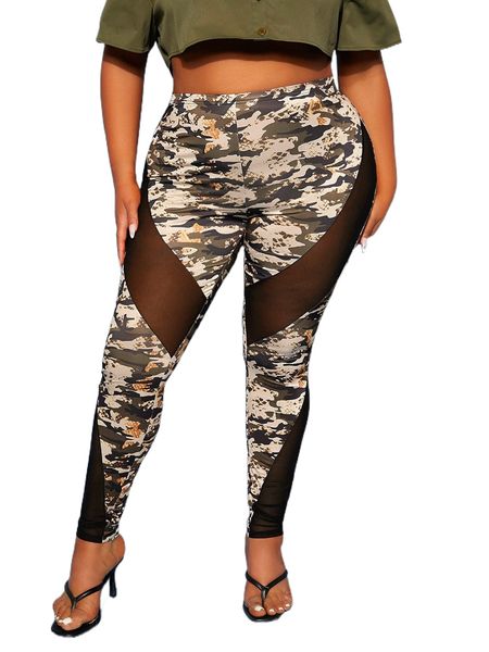 

sxy plus camo print contrast mesh leggings m6ph#, Black