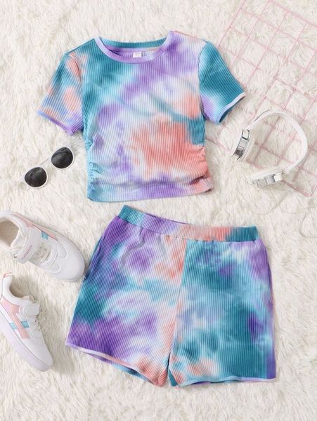

teen girls tie dye tee & track shorts she, White