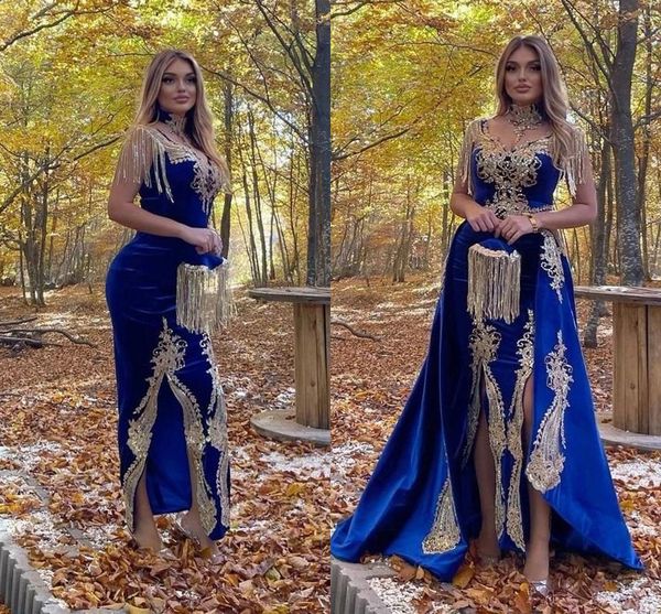 Karakou Algerien Abiti da sera arabi Dubai royal blue Velvet High Split Caftano Abiti da ballo Abito da festa con ricamo a sirena caftano