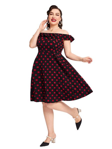 

plus polka dot off the shoulder dress g6zs#, Black