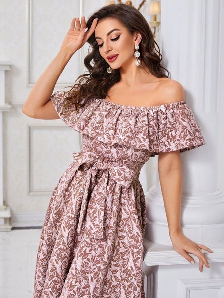 

allover print ruffle trim belted off shoulder a-line dress e0bk#, Black;gray