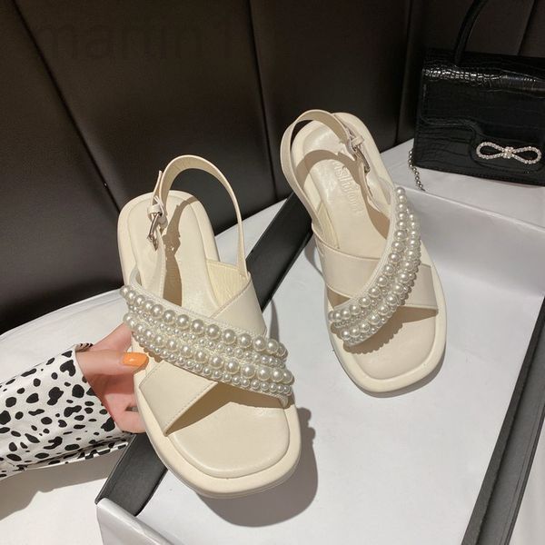

sandals designer pearl sandals lady 2022 new summer fairy style thick bottom one-line buckle roman flat pearl ladysvzq, Black