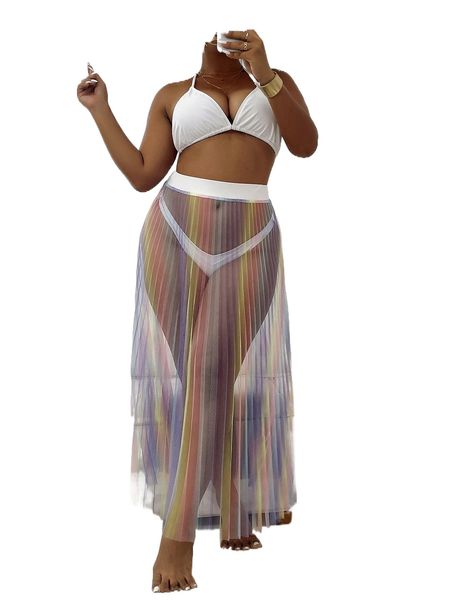 

plus ombre pleated mesh cover up skirt without bikini 08tv#, Black
