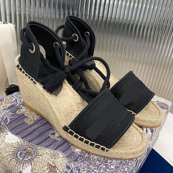 

designer sandals summer lady wedge sandals pattern jacquard embroidered fisherman shoes open toe 9.5cm high-heeled lace up weave beach casua, Black