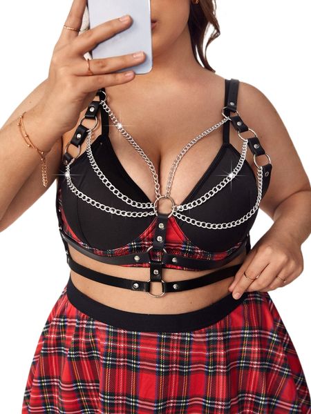 

plus o-ring chain detail harness bra without liner o4gr#, Black;white