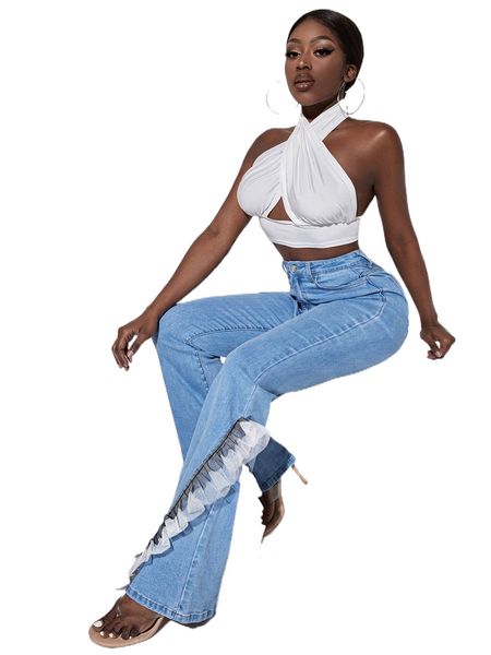 

sxy mesh ruffle trim bootcut jeans p2pa#, Blue