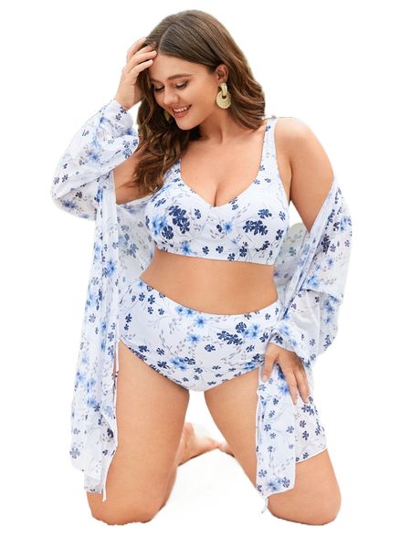

plus 3pack floral print high waisted bikini swimsuit & kimono 55ts#, White;black