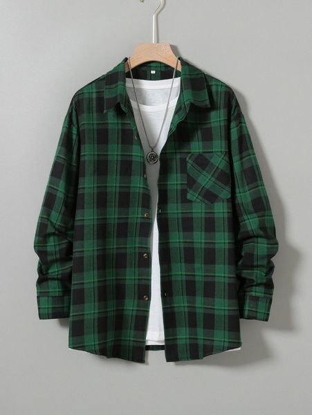 

men plaid print pocket patched shirt without tee q931#, White;black