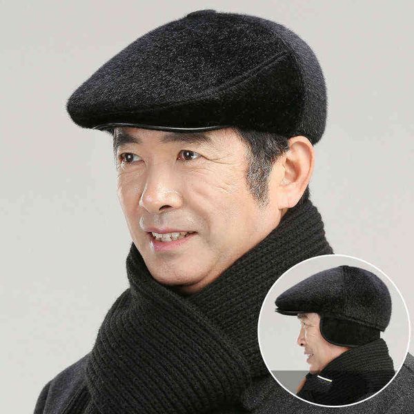 

beret cap autumn winter hat men ear valve cap male ivy newsboy flat cap thick warm ear flap fur felt father hat men berets j220722, Blue;gray