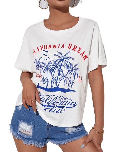 

tropical & slogan graphic tee 47g1#, White
