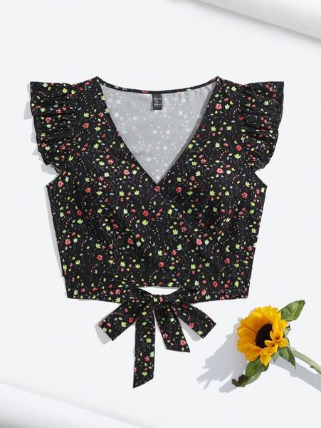 

x yuan xu ditsy floral print cap sleeve tie front crop m62d#, White