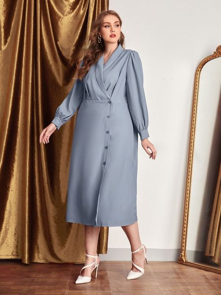 

plus shawl collar solid dress 53it#, Black