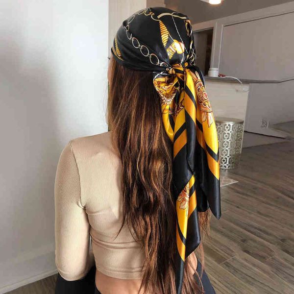 

90*90cm hair scarf women fashion designer beautiful flowers foulard soft satin shawl kerchief square silk scarfs neck headscarf g220513, Blue;gray