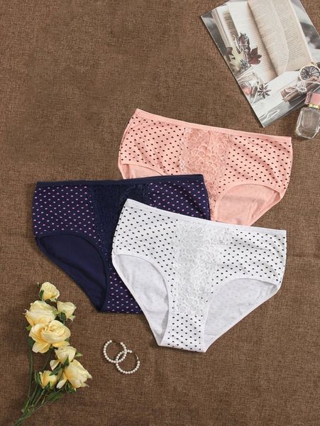 

3pack plus heart print contrast lace panty h44x#, Black;white