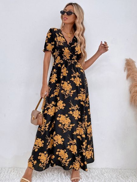 

floral print puff sleeve shirred waist dress q7wq#, Black;gray