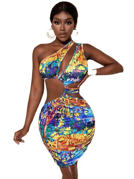 

sxy allover print cut out one shoulder bodycon dress m2vz#, Black;gray