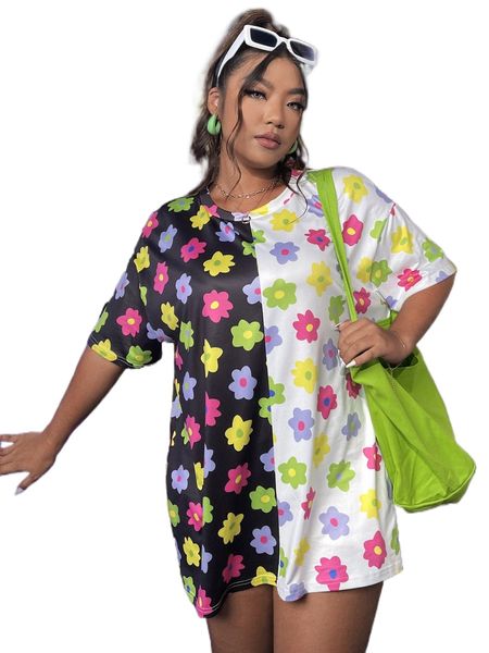 

plus allover floral print colorblock drop shoulder tee w3vz#, Black