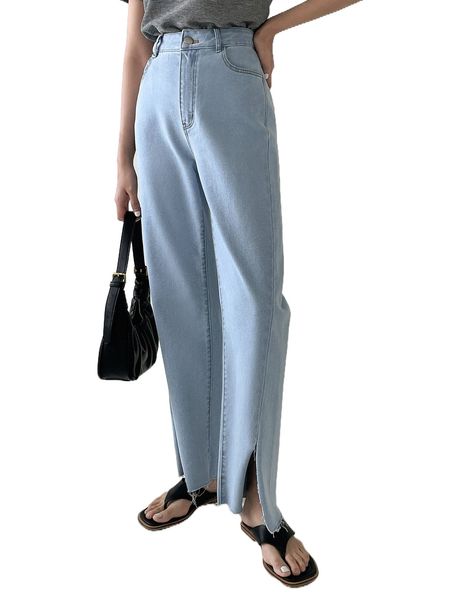 

dazy-less high waist slit hem straight leg jeans g4y0#, Blue