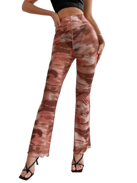 

tie dye lettuce trim mesh flare leg pants without panty k8oa#, Black;white
