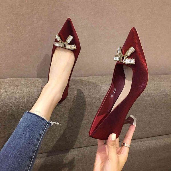 

sandals high heeled shoes women's spring versatile low bow knot small fragrance thin heel pointed single 58sc, Black