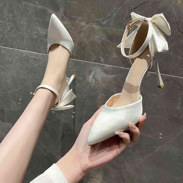 

dress shoes 2022 new ladies wedding bow party 9cm heels elegant super stiletto banquet women white 220425, Black