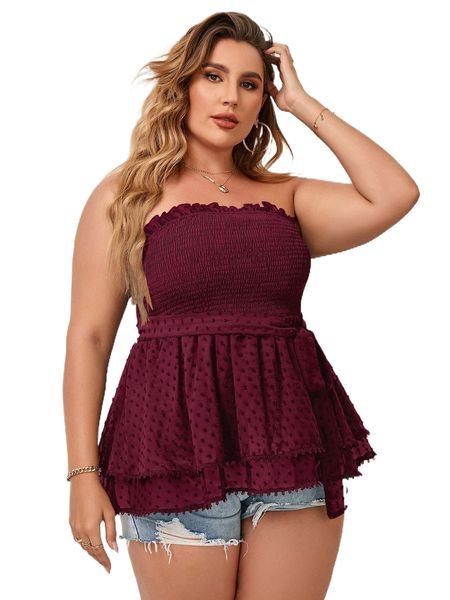 

plus swiss dot frill trim shirred tube i2lo#, Black