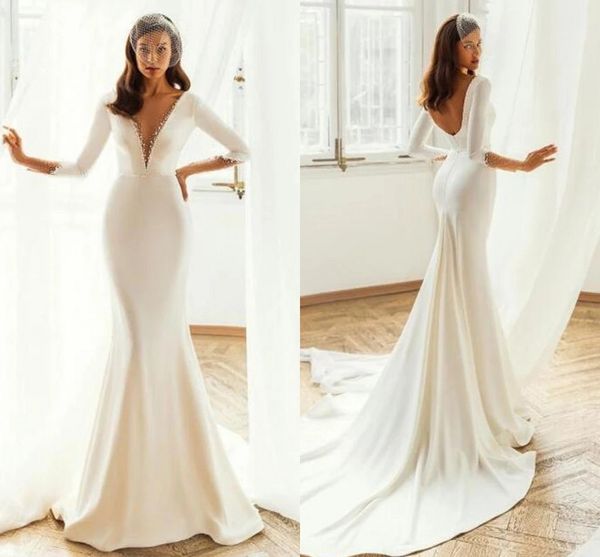 

modest satin mermaid wedding gowns with long sleeves plunging v neck beaded bridal dresses court train elegant simple boho garden robes de, White