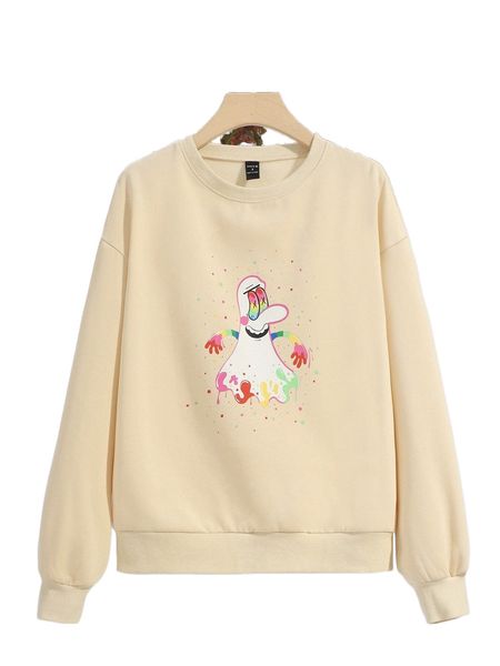 

x sarah wearer cartoon graphic drop shoulder thermal pullover d1bk#, Black