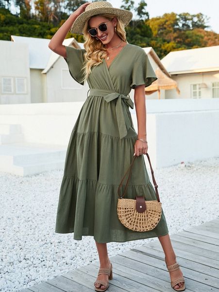 

butterfly sleeve ruffle hem belted dress g18q#, Black;gray