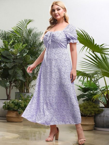 

plus ditsy floral flounce sleeve a-line dress 83an#, Black