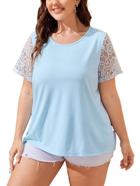 

plus contrast lace sleeve tee f3uh#, Black