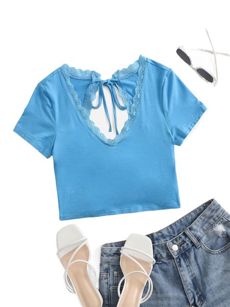 

contrast lace cut out tie back tee k6fe#, White