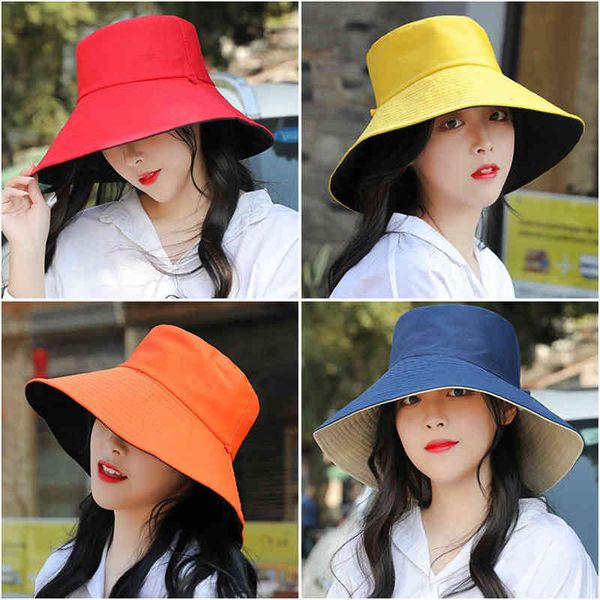 

women solid color bucket hat outdoor sun sunscreen collapsible double-sided two-color beach hat mz013 y220702, Blue;gray