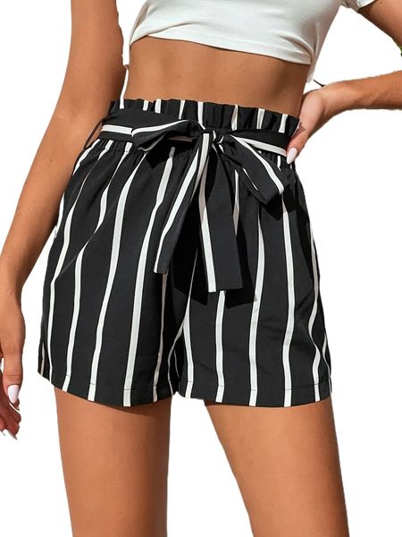 

tall striped paperbag waist belted shorts b6ge#, White;black