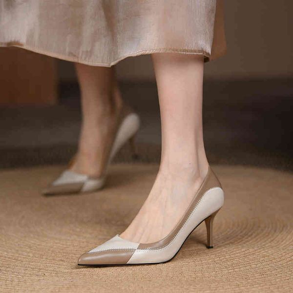 

boots spring single shoe women's versatile color matching pointed inside and outside full leather thin heel high heels professional wor, Black